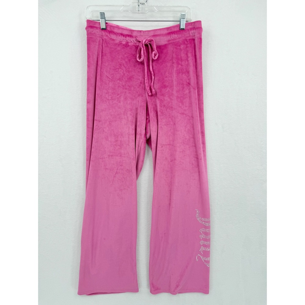Juicy Couture Pink Velour Wide Leg Lounge Pants Rhinestone Logo L Bling Y2K